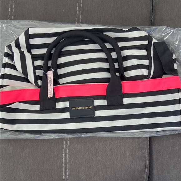Victoria's Secret Handbags - Victoria's Secret Black and hot  Pink Striped tote with strap